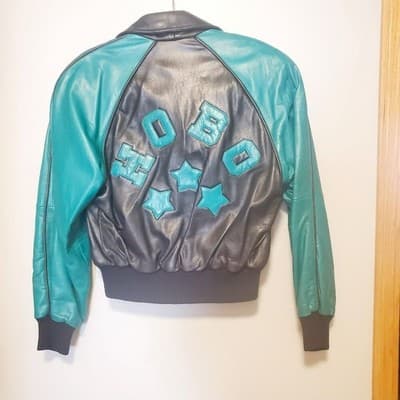 Vtg Michael Hoban for North Beach Black Green Leather Bomber Jacket Sz 7/8 HOBO