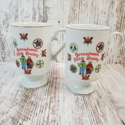 Pennsylvania Dutch Country Ceramic Coffee Tea Mugs Cups Flowers Birds Set of 2