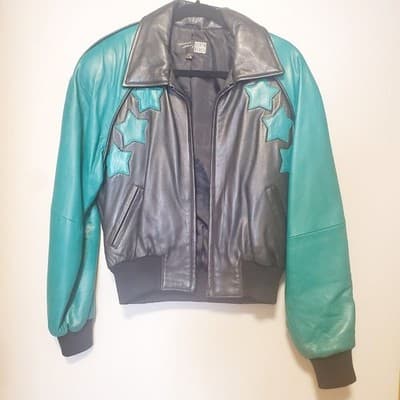 Vtg Michael Hoban for North Beach Black Green Leather Bomber Jacket Sz 7/8 HOBO - Thumbnail 2