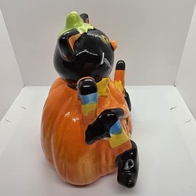 Vintage Black Cat Skinny Legs Arms in a Halloween Pumpkin Ceramic Figurine - Thumbnail 2