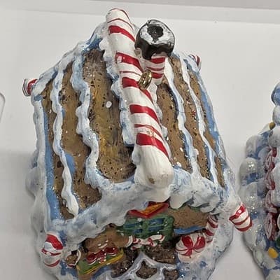 2 Frosted Glitter Gingerbread House Ornaments With Candy Cane Opening for Bulb - Thumbnail 2