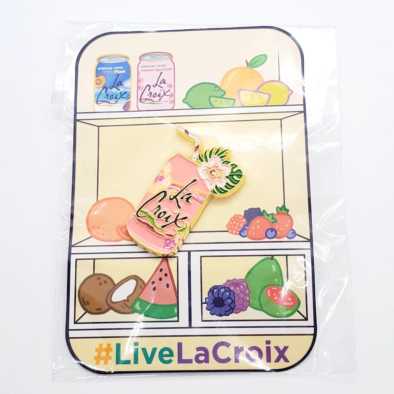Pink La Croix Sparkling Water Can w/Flower Enamel Lapel Pin Brand Promo LaCroix