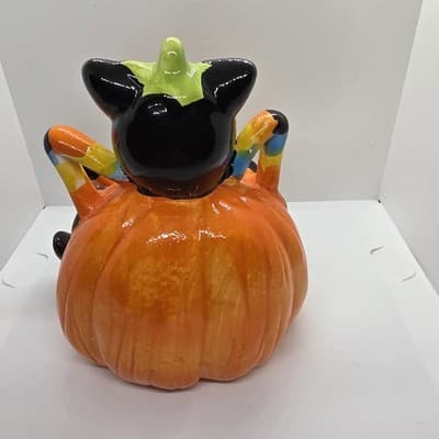 Vintage Black Cat Skinny Legs Arms in a Halloween Pumpkin Ceramic Figurine - Thumbnail 3