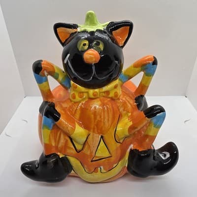 Vintage Black Cat Skinny Legs Arms in a Halloween Pumpkin Ceramic Figurine