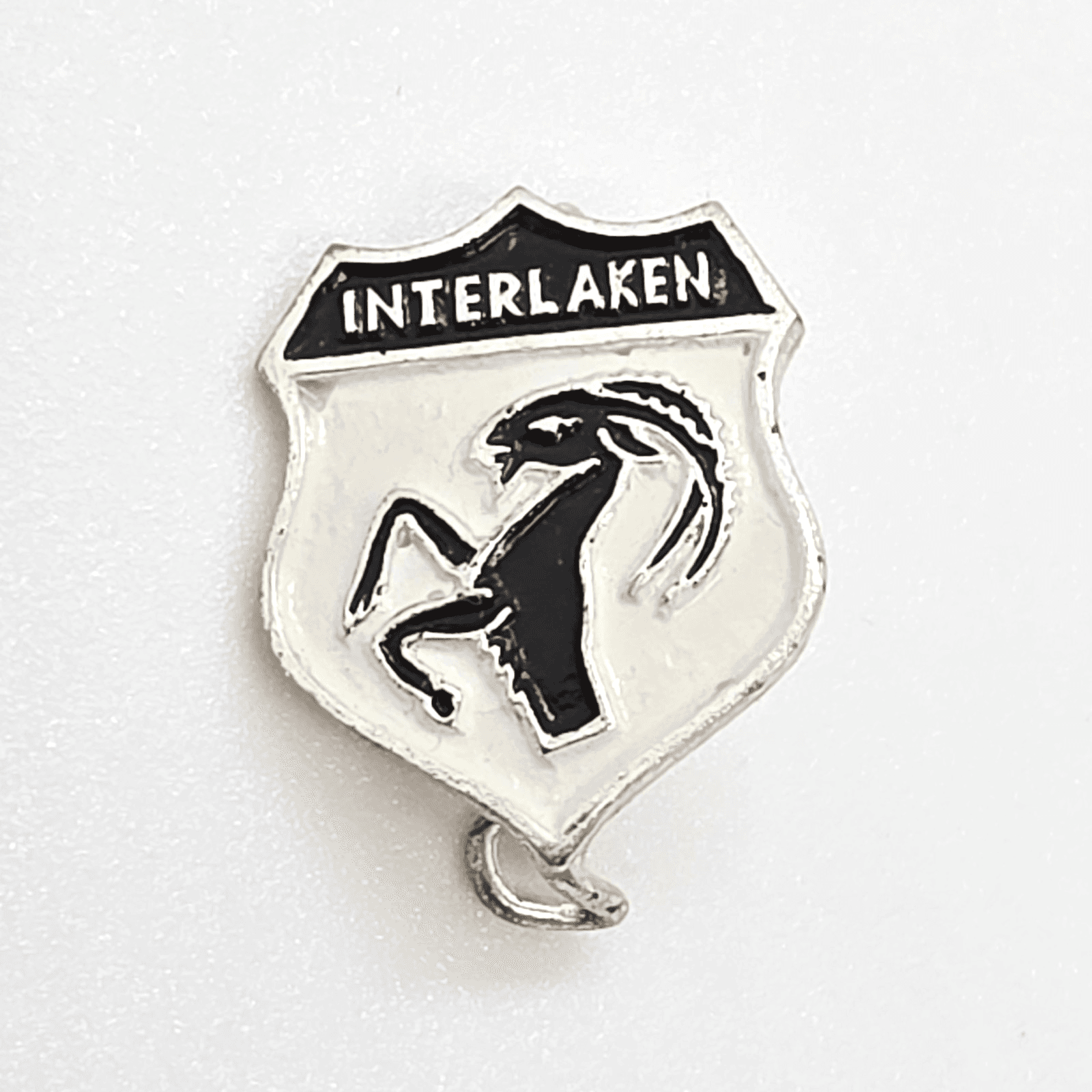 Vintage Interlaken Switzerland Shield Lapel Cap Pin Ibex Crest Logo Souvenir