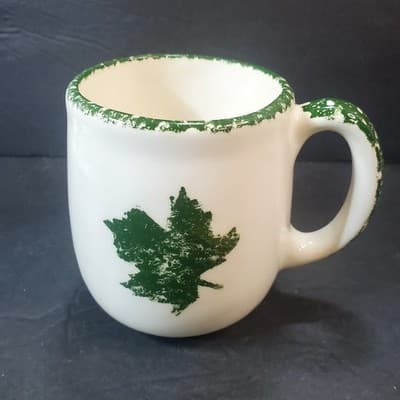Hudsonware Vermont White Green Splatter Sponge Maple Leaf Ceramic Coffee Mug