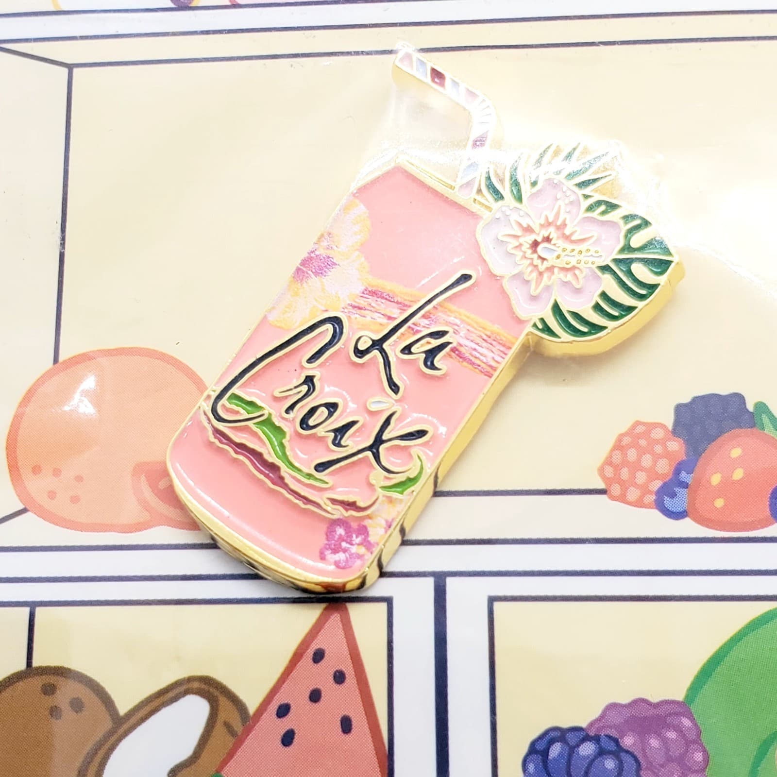 Pink La Croix Sparkling Water Can w/Flower Enamel Lapel Pin Brand Promo LaCroix - Thumbnail 3