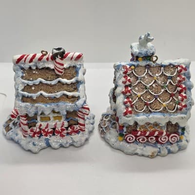 2 Frosted Glitter Gingerbread House Ornaments With Candy Cane Opening for Bulb - Thumbnail 4
