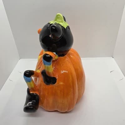 Vintage Black Cat Skinny Legs Arms in a Halloween Pumpkin Ceramic Figurine - Thumbnail 4