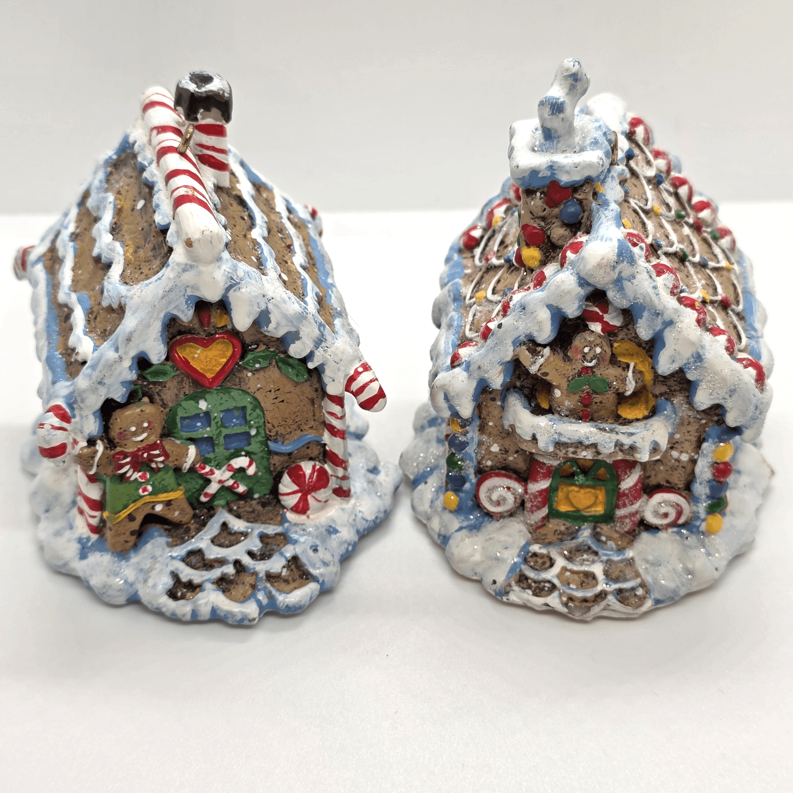 2 Frosted Glitter Gingerbread House Ornaments With Candy Cane Opening for Bulb