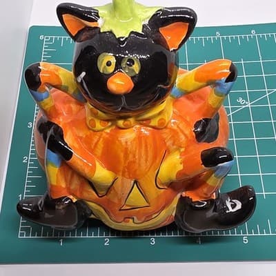 Vintage Black Cat Skinny Legs Arms in a Halloween Pumpkin Ceramic Figurine - Thumbnail 5