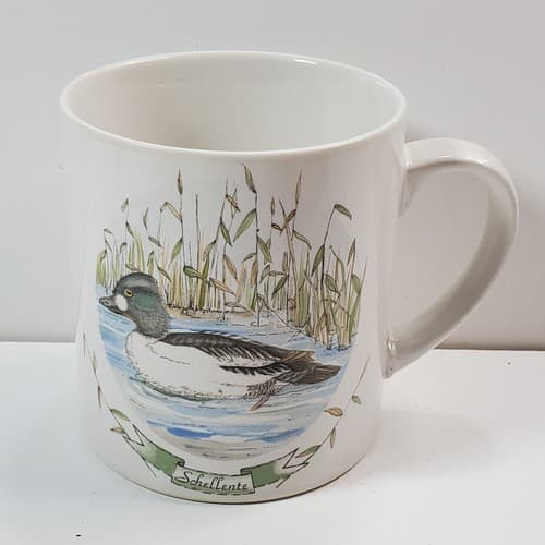 Vintage Japan Stoneware Signed Schellente Duck Graphic Scene Coffee Mug Tea Cup