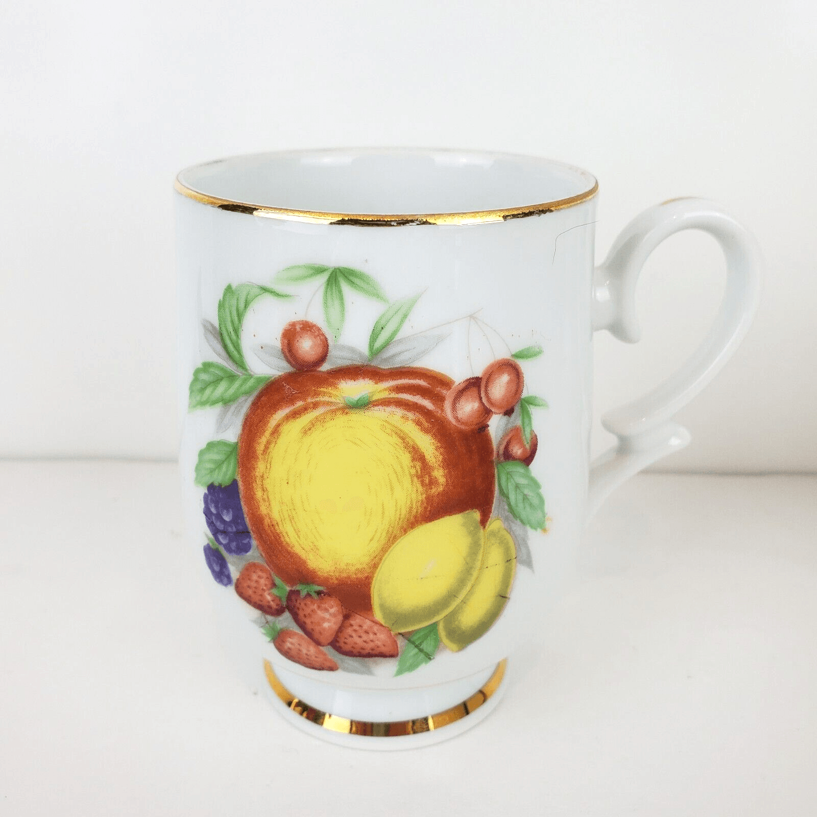 Vtg Royalton China Translucent Porcelain Pedestal Coffee Mug Peach Lemon Fruit