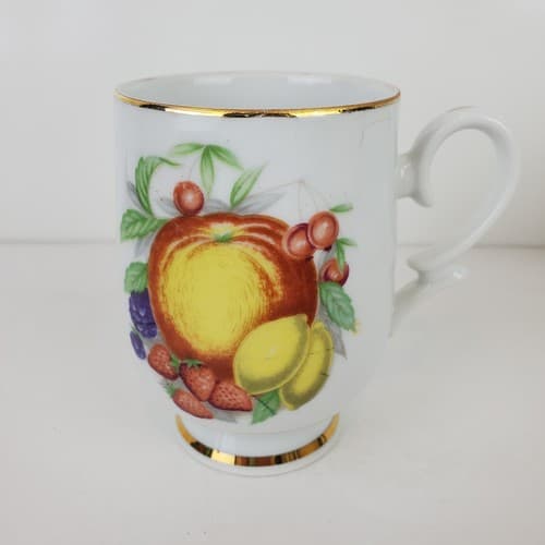 Vtg Royalton China Translucent Porcelain Pedestal Coffee Mug Peach Lemon Fruit - Thumbnail 2