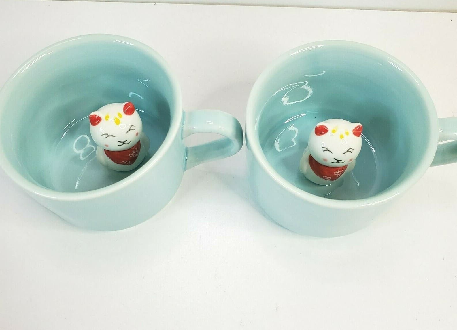 ZaH 3D Kitty Cat Surprise Inside Short Ceramic Coffee Mug Tea Cup Aqua Blue 8 Oz