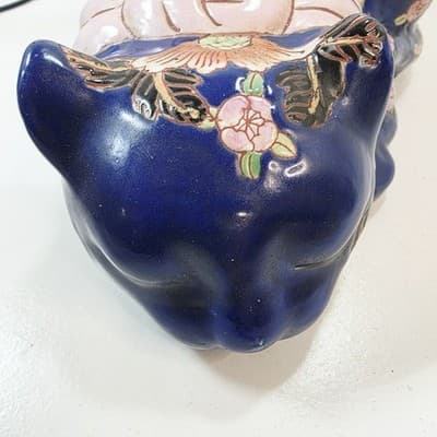 Vtg Hand-painted Chinoiserie Ceramic Sleeping Cat Figurine w/Floral Motif 9.5 " - Thumbnail 5