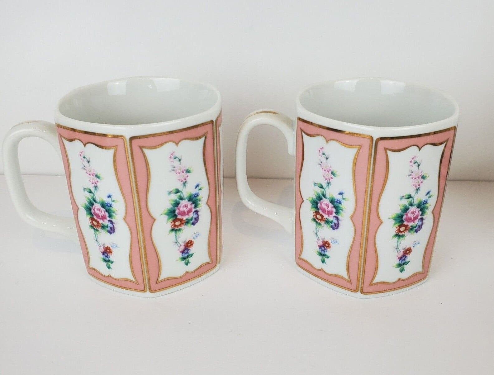 2 Vintage Hand Painted Flower Panels Lefton China Japan Coffee Cups Mugs 05000
