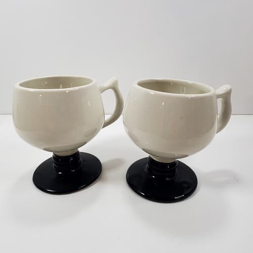 Vtg Set of 2 HALL Pottery White and Black Footed Glazed Coffee Tea Mugs USA READ