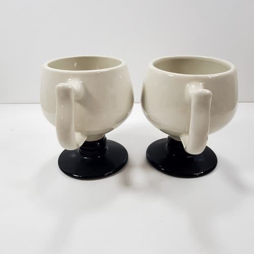 Vtg Set of 2 HALL Pottery White and Black Footed Glazed Coffee Tea Mugs USA READ - Thumbnail 5