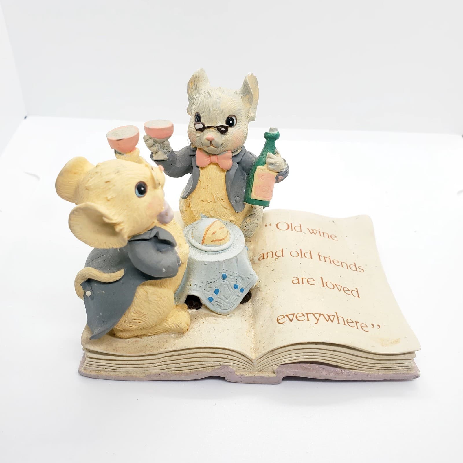 Vtg 1992 Enesco Christmas Mice on Book, Old Wine and Friends Quote Saying Figure - Thumbnail 2