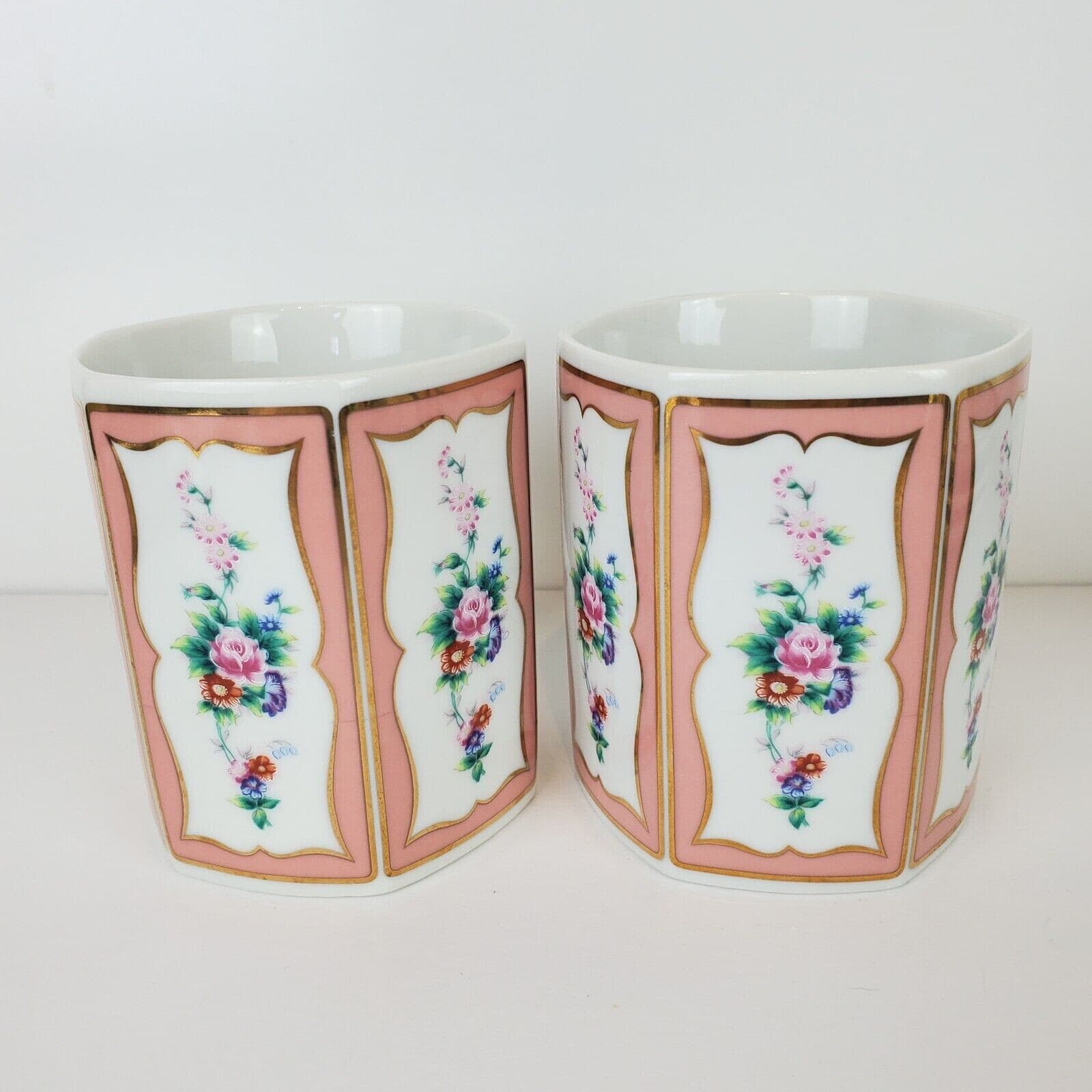 2 Vintage Hand Painted Flower Panels Lefton China Japan Coffee Cups Mugs 05000 - Thumbnail 2