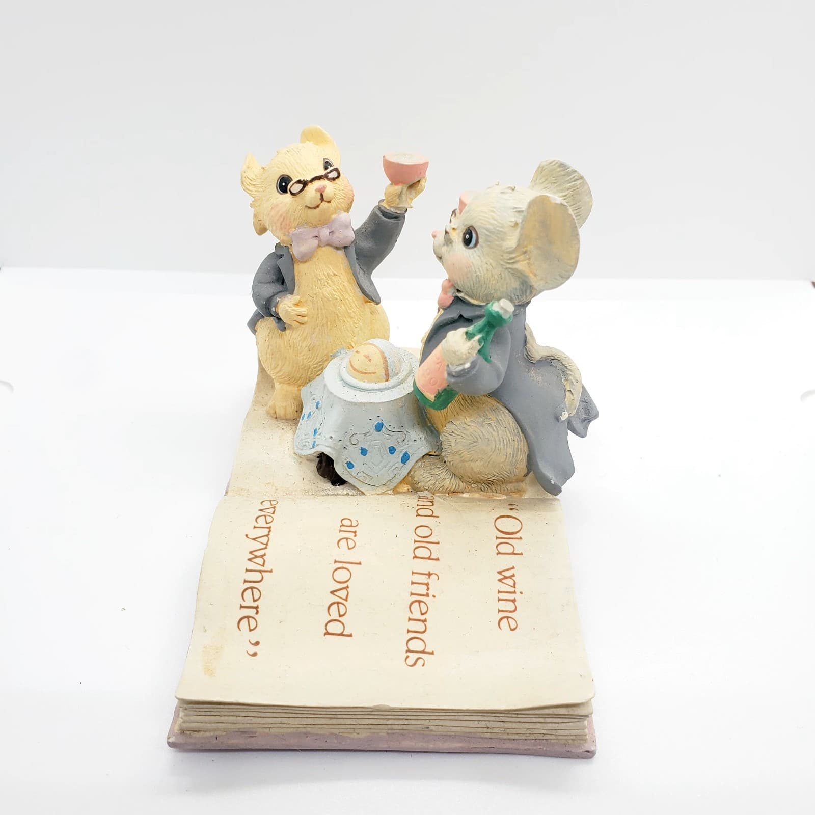 Vtg 1992 Enesco Christmas Mice on Book, Old Wine and Friends Quote Saying Figure - Thumbnail 6