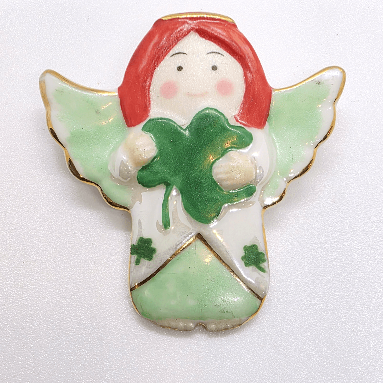 Irish Angel Enamel Painted Porcelain Ceramic Pin Brooch Shamrock St Patrick Day