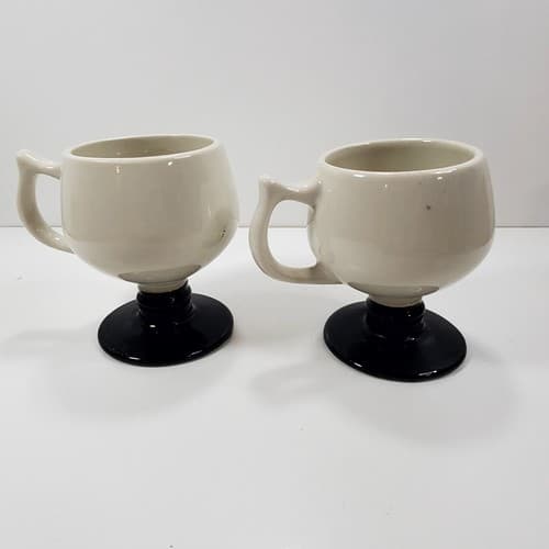 Vtg Set of 2 HALL Pottery White and Black Footed Glazed Coffee Tea Mugs USA READ - Thumbnail 2