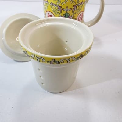 World Market 3 pc Asian Tea Infuser Mug With Lid & Strainer Lotus Floral Pattern - Thumbnail 5
