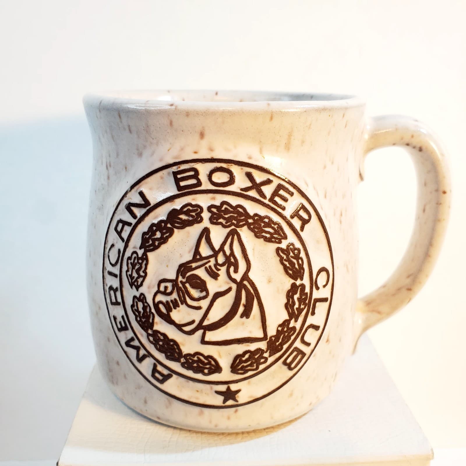 American Boxer Club White Brown Speckled Embossed Dog Breed Themed Coffee Mug