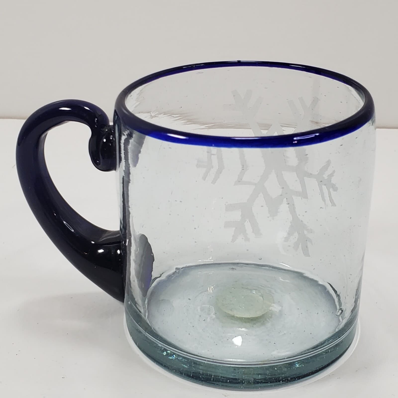 Vtg Copavic R.L. Recycled Eco-Glass Etched Snowflake Mug Cobalt Handle Guatemala - Thumbnail 4