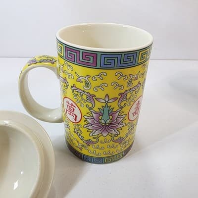 World Market 3 pc Asian Tea Infuser Mug With Lid & Strainer Lotus Floral Pattern - Thumbnail 9