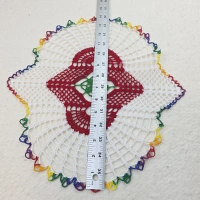 Handmade Crocheted Doily White Red Green 13" x 14" Dainty Rainbow Asymmetrical - Thumbnail 6