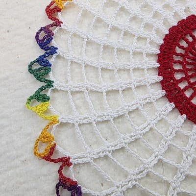 Handmade Crocheted Doily White Red Green 13" x 14" Dainty Rainbow Asymmetrical - Thumbnail 2