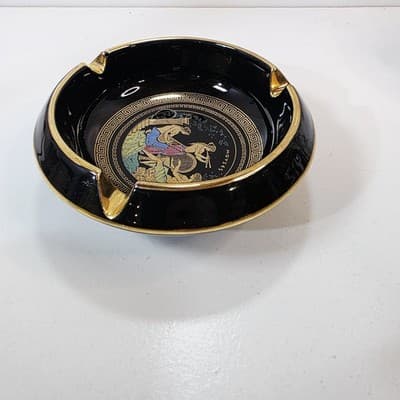 Vintage Greek Muses Ceramic Ashtray Black w/ Gold Details Mythology Scene - Thumbnail 3