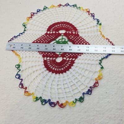 Handmade Crocheted Doily White Red Green 13" x 14" Dainty Rainbow Asymmetrical - Thumbnail 5