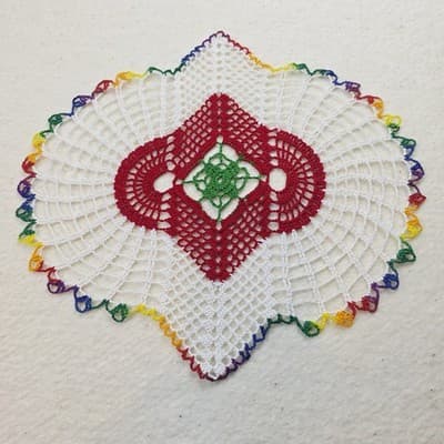 Handmade Crocheted Doily White Red Green 13" x 14" Dainty Rainbow Asymmetrical