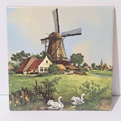 Hand Decorated by Ter Steege Art Tile 6" x 6" Windmill Sheep Swans Made Holland