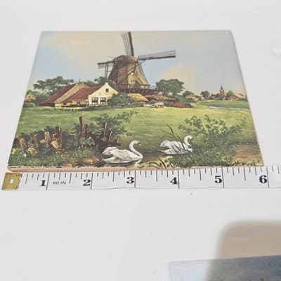 Hand Decorated by Ter Steege Art Tile 6" x 6" Windmill Sheep Swans Made Holland - Thumbnail 9