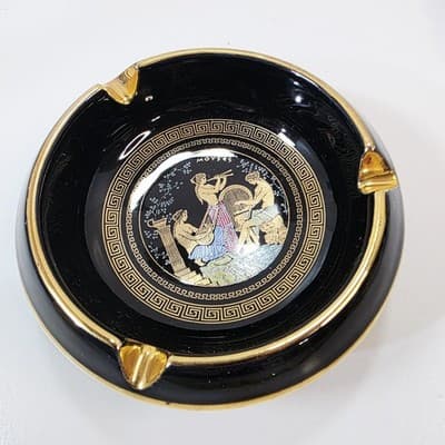 Vintage Greek Muses Ceramic Ashtray Black w/ Gold Details Mythology Scene