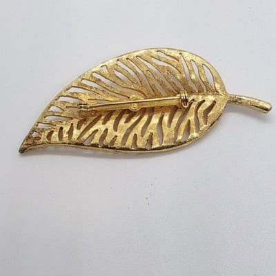 Vintage Textured Brushed Gold Tone Metal Open Work Large Leaf Brooch Pin - Thumbnail 4