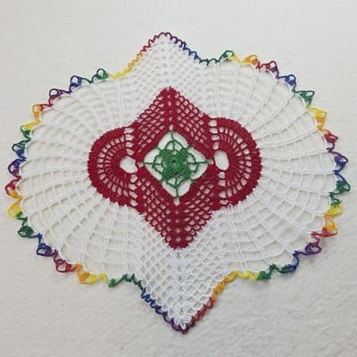 Handmade Crocheted Doily White Red Green 13" x 14" Dainty Rainbow Asymmetrical - Thumbnail 4