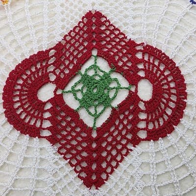 Handmade Crocheted Doily White Red Green 13" x 14" Dainty Rainbow Asymmetrical - Thumbnail 3