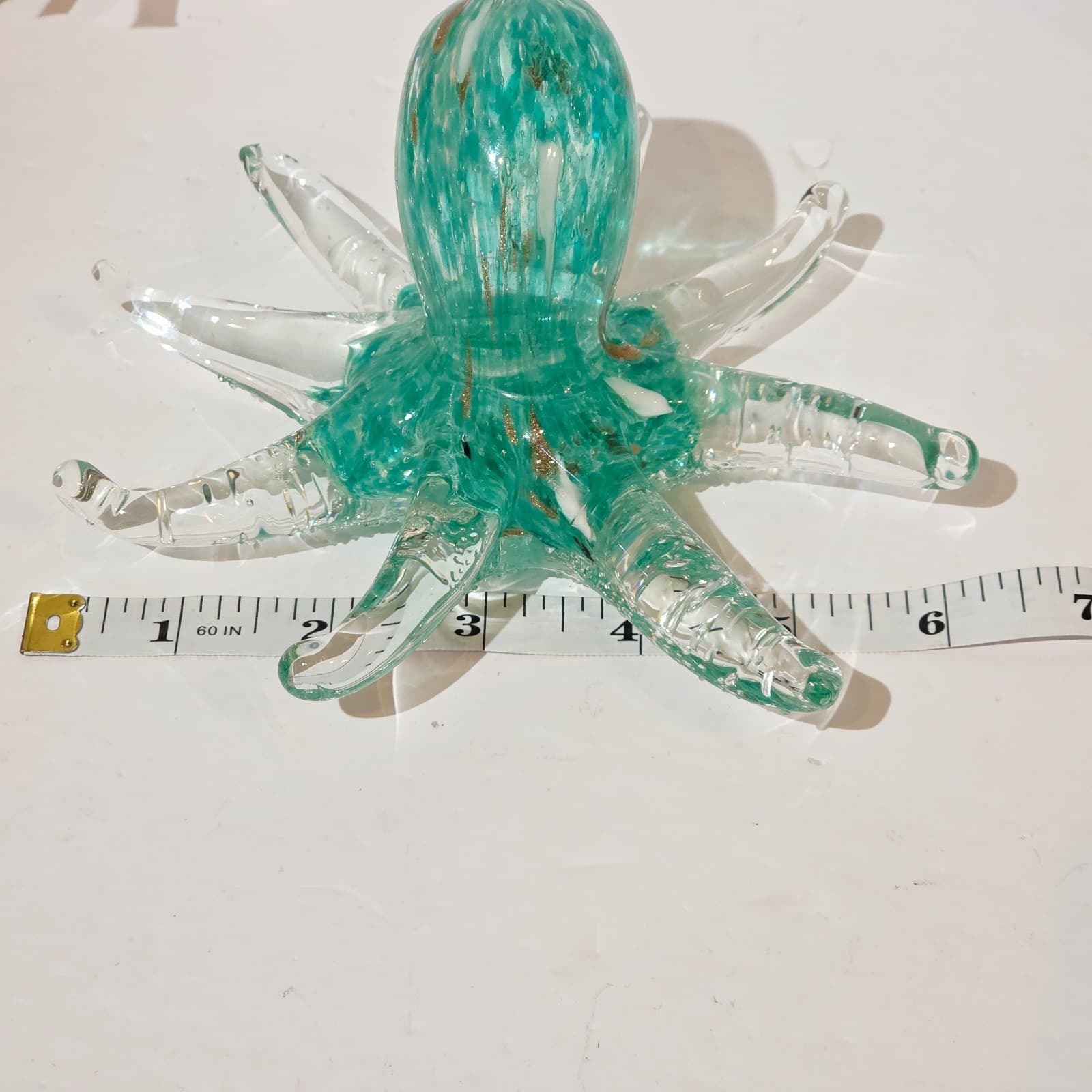 Aqua Clear Hand Blown Art Glass Octopus Figurine Paperweight Gold Flecks - Thumbnail 10