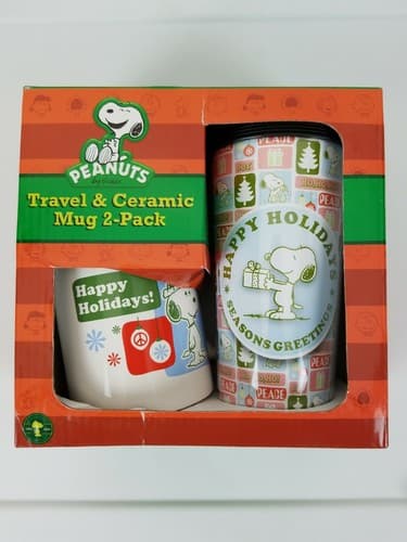 PEANUTS Snoopy Christmas Travel & Ceramic Mug 2-pack Boxed Set Holidays NEW GIFT