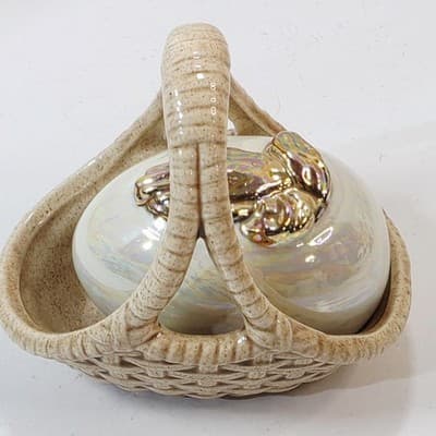 Vintage Hobbyist Pearlized Ceramic Jesus Praying Hands Egg with Basket 3.75" - Thumbnail 2
