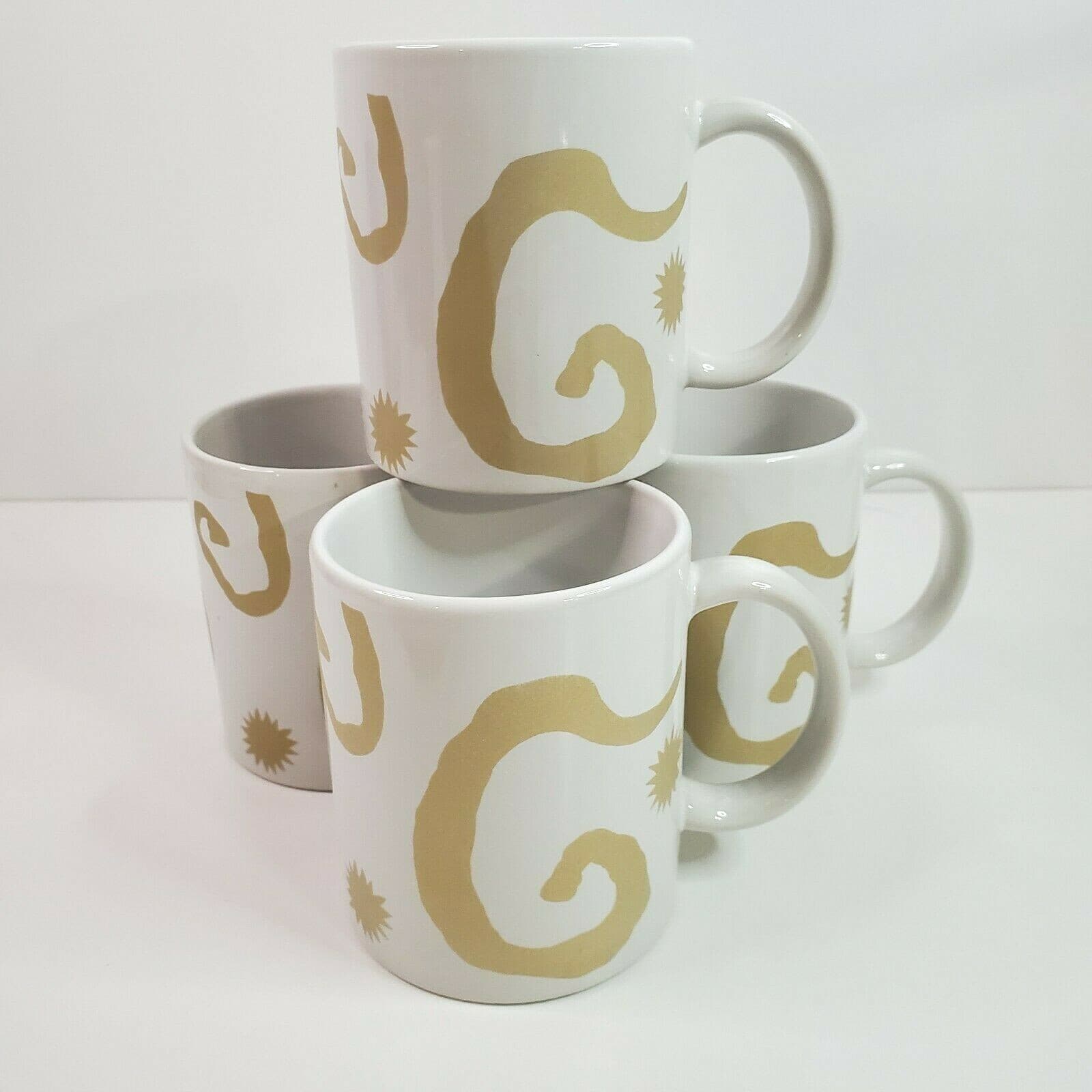 Oscar De La Renta Coffee Tea Cups Mugs White with Gold Swirl Set Of 4