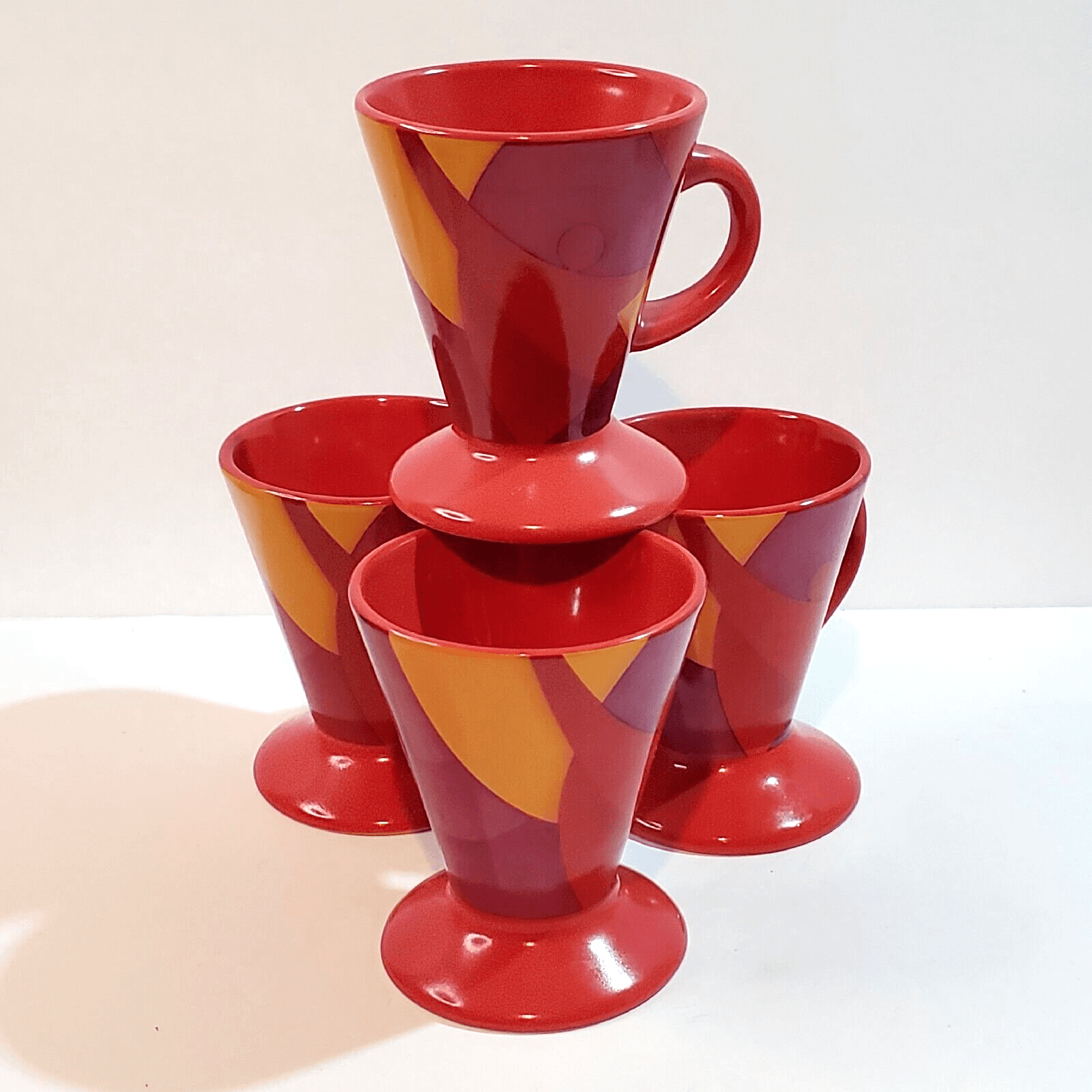 Set of 4 Cone Shaped Espresso Mugs Abstract Expressionism 3" Red Purple Orange