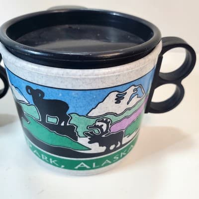 2 Vtg Travel Denali Ntl Park Alaska 8 oz Travel Coffee Mug Cup & Lid Whirley USA - Thumbnail 2