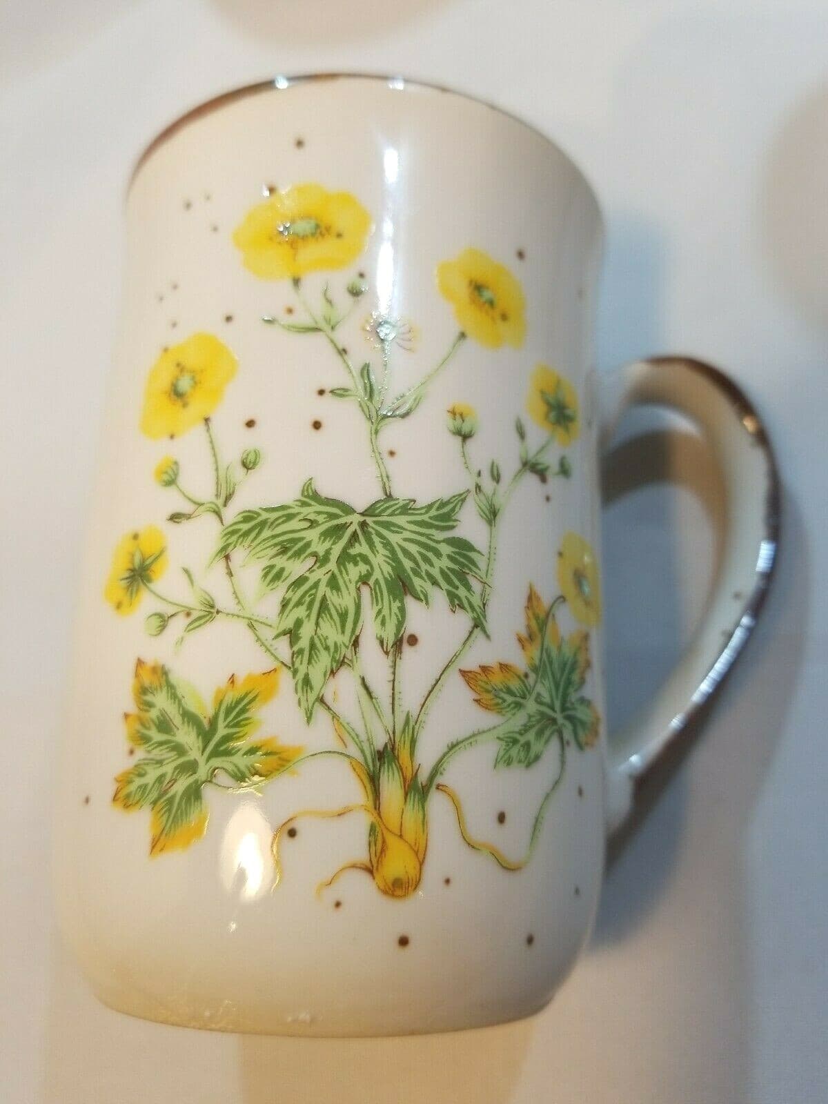 Buttercup Flower Japanese Stoneware Mugs Brown Speckled NO. 104 Japan Set of 4 - Thumbnail 3